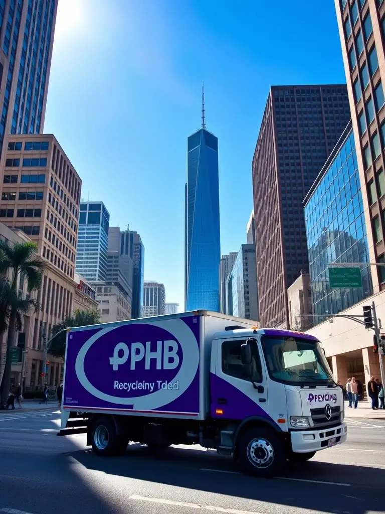 A photograph of a recycling truck in downtown Los Angeles, California, with iconic buildings in the background, under a clear blue sky, showcasing PHB Recycling's presence in the city.
