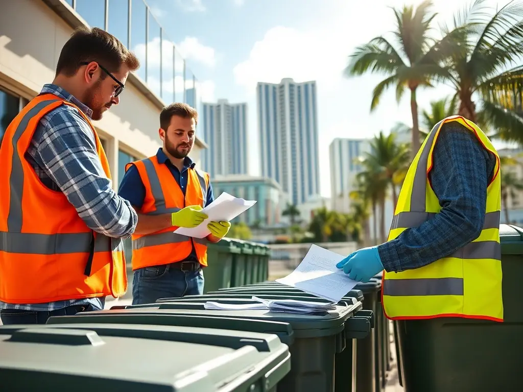 A photograph of a PHB Recycling team conducting a waste audit for a commercial client in Miami, Florida, with the Miami skyline in the background.