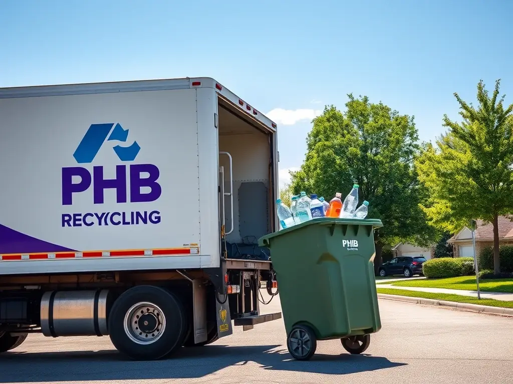 A photograph of a PHB Recycling truck collecting recycling bins in a suburban neighborhood in Austin, Texas, under a clear blue sky.