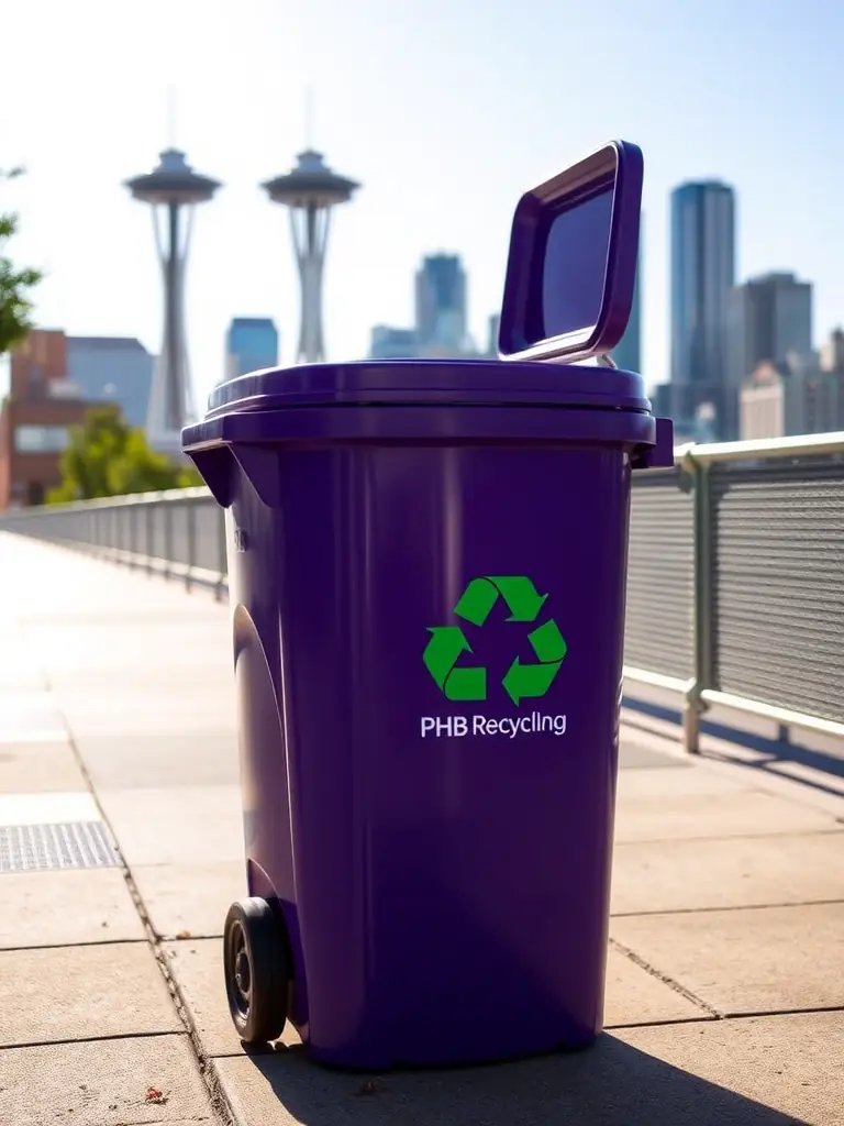 A scenic view of Seattle, Washington, with the Space Needle visible, alongside a PHB Recycling bin, emphasizing the company's commitment to environmental sustainability in the Pacific Northwest.