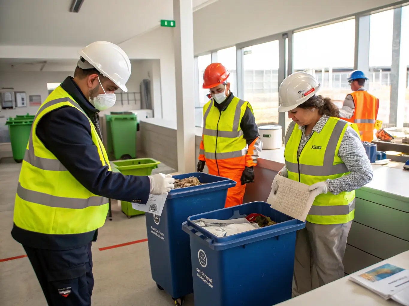 A specialized facility with workers carefully handling and sorting hazardous waste materials, ensuring safe and compliant disposal processes.