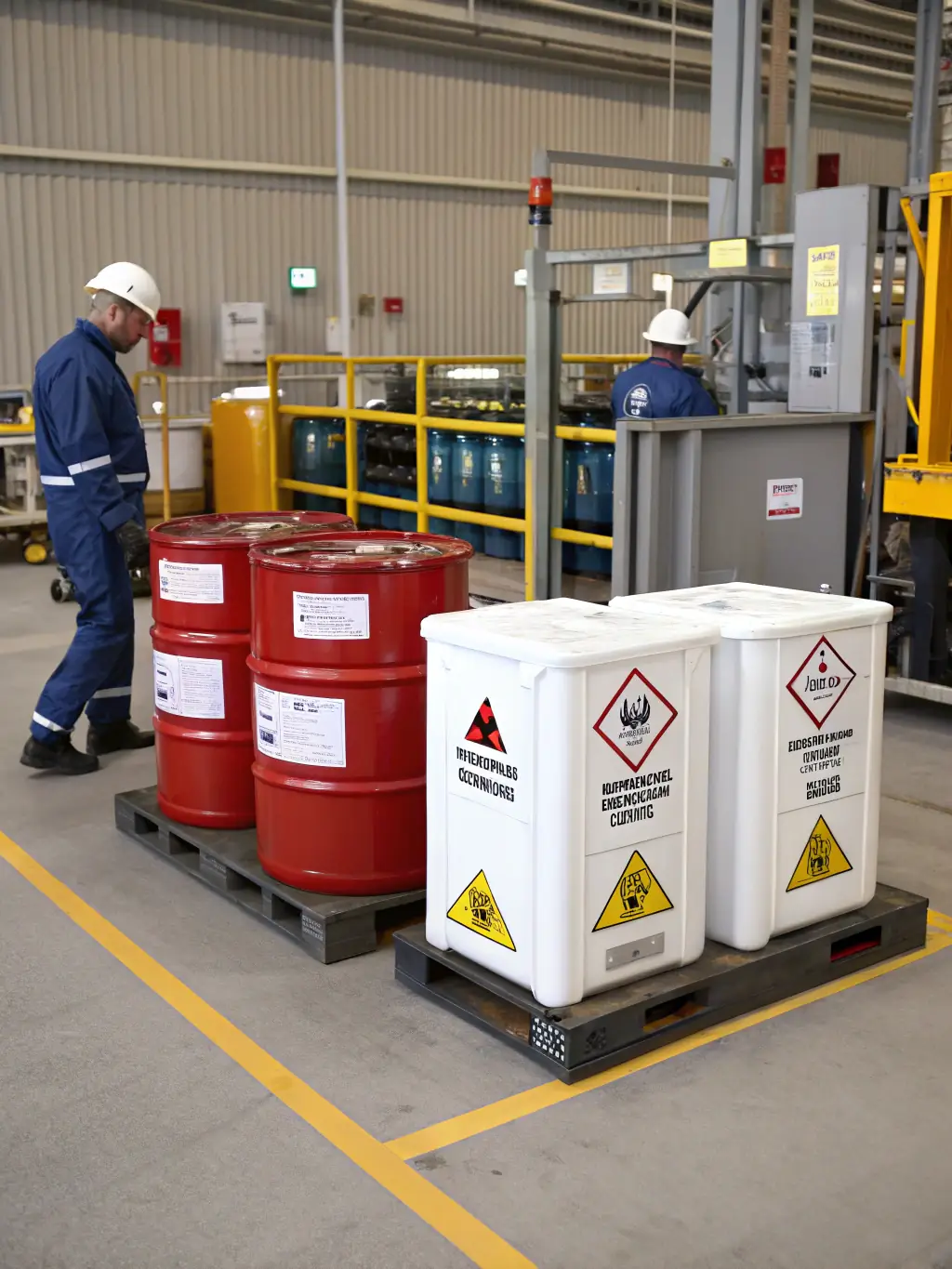 Specialized hazardous waste containers with safety labels in a secure disposal facility, ensuring safety and compliance.