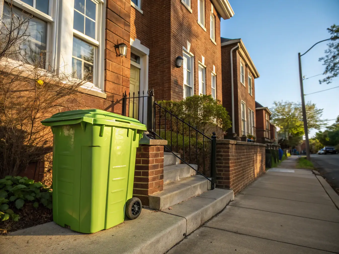 A residential neighborhood street with recycling bins and waste containers neatly placed at the curb for collection, under a sunny sky, illustrating residential waste management services.