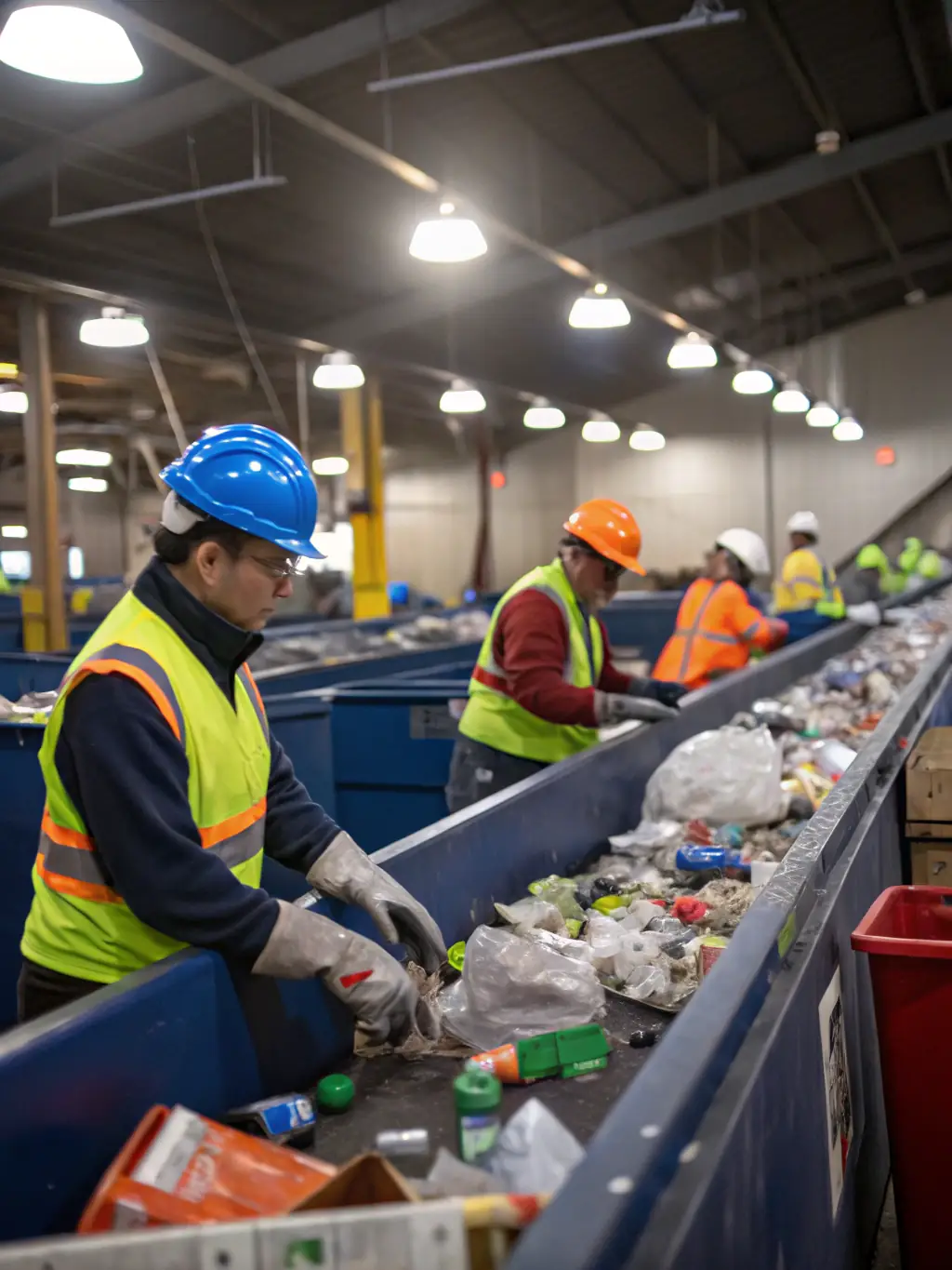 A commercial recycling bin area with employees sorting recyclables in an office park, highlighting business sustainability.