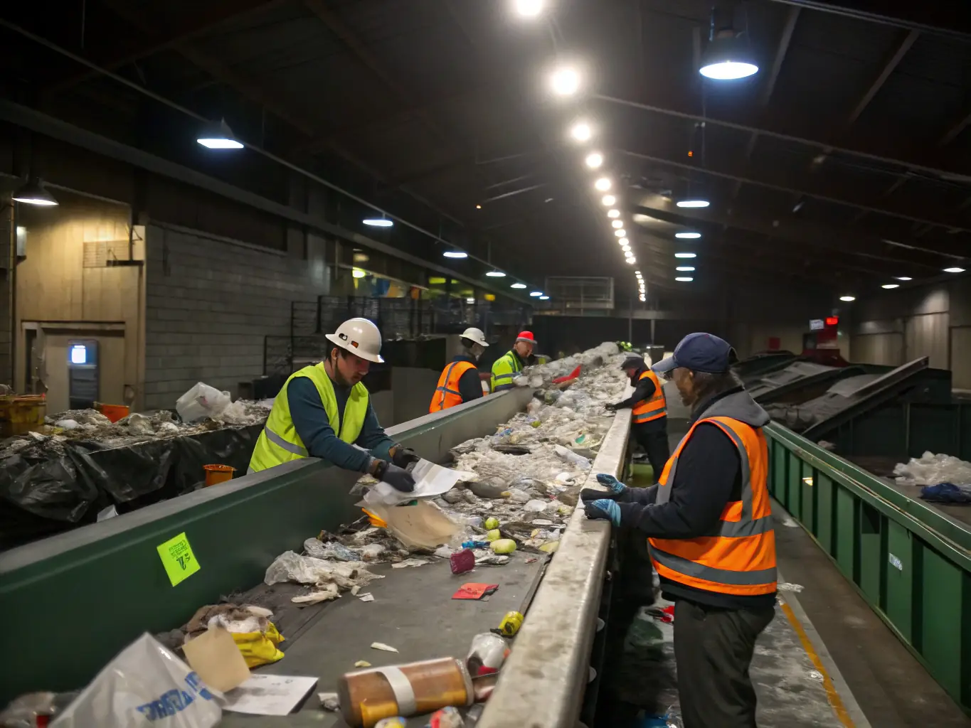 A photograph of a PHB Recycling facility processing recyclable materials in Seattle, Washington, with workers sorting different types of waste.