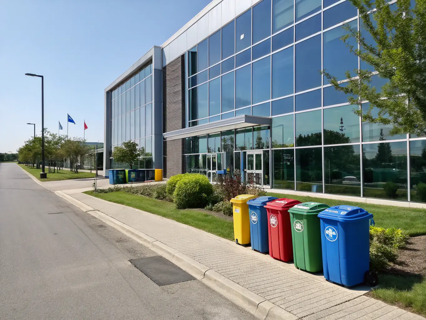 A modern office building with clearly labeled recycling bins for paper, plastic, and glass, showcasing a commitment to commercial recycling programs.
